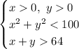 \begin{cases} x0,\,\,y0 \\ x^2+y^264 \end{cases}