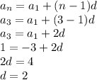 a_{n}=a_1+(n-1)d\\a_3 = a_1 + (3-1)d\\a_3 = a_1 + 2d\\1 = -3 + 2d\\2d = 4\\d = 2