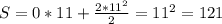 S = 0*11 + \frac{2 * 11^2}{2} = 11^2 = 121