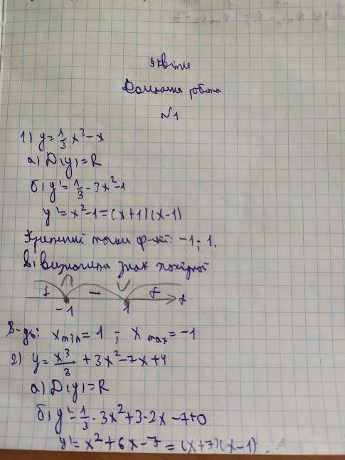 Y=x^3/3+3x^2-7x+4 найти точку екстремуму функции(минимум и максимум) У=1/3x^3-x нужно найти точку ек