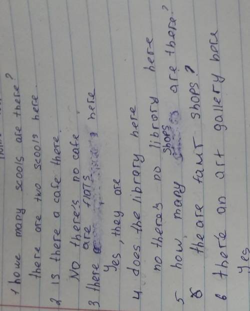 Write questions and answers. supermarket / yes Is there a supermarket? Yes. thers is. restaurants
