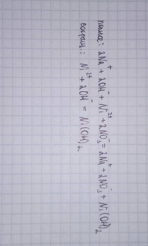 Написать полное и сокращенное ионно-молекулярное уравнения 2NaOH+Ni(NO3)2=2NaNO3+Ni(OH)2