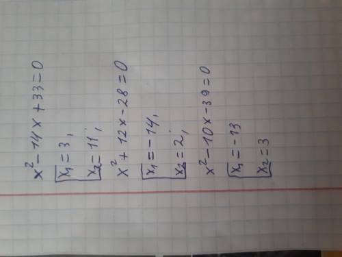 Решите уравнение по теореме Виета x^2 - 14x + 33 = 0 x^2 + 12x - 28 = 0 x^2 - 10x - 39 = 0