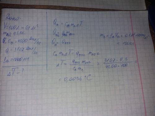 На скільки зміниться температура води об'ємом 100 л, коли вважати, що уся теплота, котра виділяється