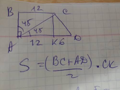 Різниця основ прямокутної трапеції дорівнює 6 см, а менша основа — 12 см. Знайдіть площу трапеції, я