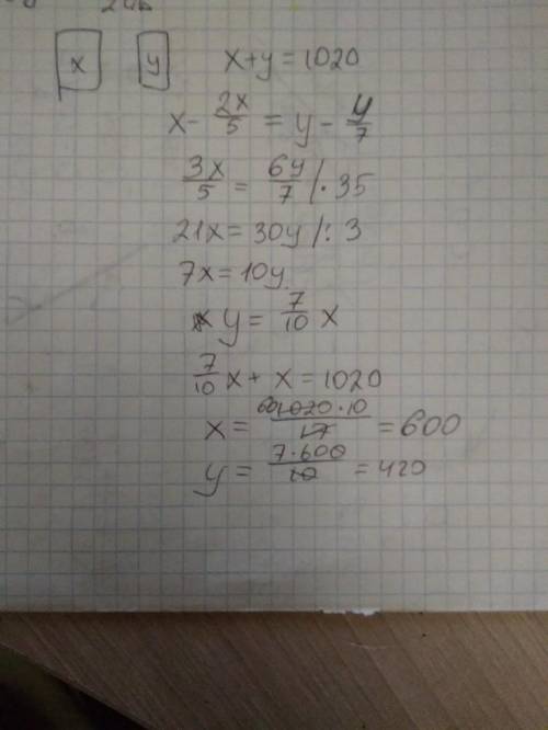 В двух бочках вместе 1020 л бензина. Когда из первой бочки взяли 2/5 бензина, а из второй бочки взял