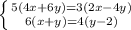 \left \{ {{5(4x+6y)=3(2x-4y)} \atop {6(x+y)=4(y-2)}} \right.