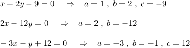 x+2y-9=0\; \; \; \; \Rightarrow \; \; \; a=1\; ,\; b=2\; ,\; c=-9\\\\2x-12y=0\; \; \; \; \Rightarrow \; \; \; a=2\; ,\; b=-12\\\\-3x-y+12=0\; \; \; \; \Rightarrow \; \; \; a=-3\; ,\; b=-1\; ,\; c=12