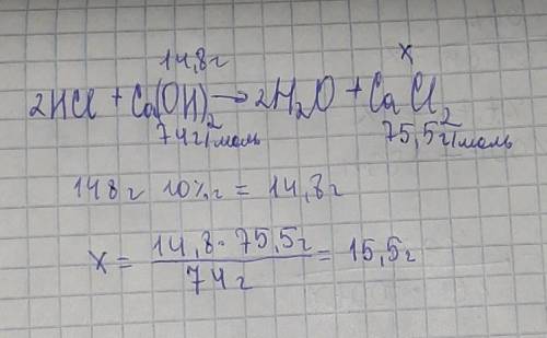 Определить массу соли, образующейся при взаимодействии соляной кислоты с 148г 10%-ного раствора гидр