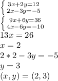 \left \{ {{3x+2y=12} \atop {2x-3y=-5}} \right. \\\left \{ {{9x+6y=36} \atop {4x-6y=-10}} \right. \\ 13x=26\\x=2\\2*2-3y=-5\\y=3\\(x,y)=(2,3)