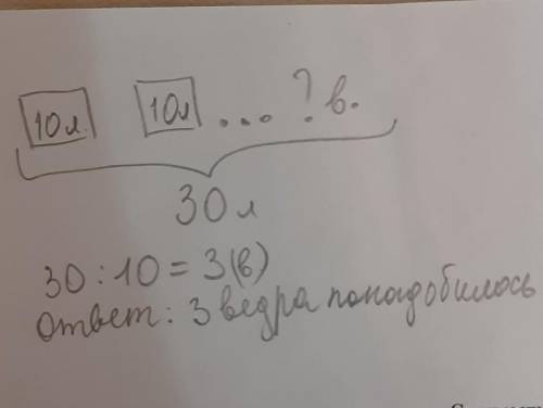 Для полива моркови использовали 30л воды в нескольких ведрах по 10 л, сколько понадобилось всего вед