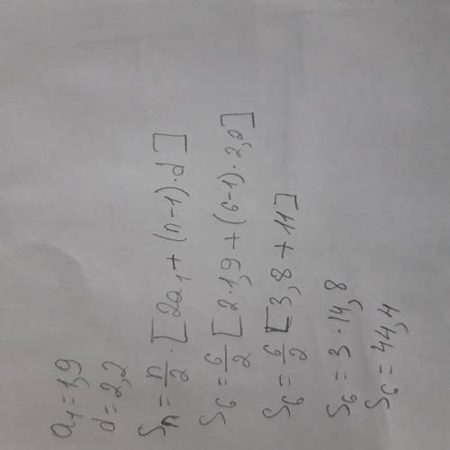 Дана арифметическая прогрессия (an). Известно, что a1=1,9 и d=2,2. Вычисли сумму первых шести членов