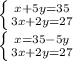 \left \{ {{x+5y=35} \atop {3x+2y=27}} \right. \\\left \{ {{x=35-5y} \atop {3x+2y=27}} \right.