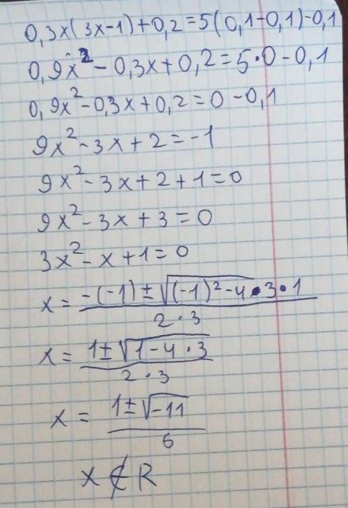 Реши уравнение 0,3x(3x-1)+0.2=5(0.1-0.2)-0.1