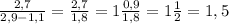 \frac{2,7}{2,9-1,1} = \frac{2,7}{1,8} = 1\frac{0,9}{1,8} = 1\frac{1}{2} = 1,5