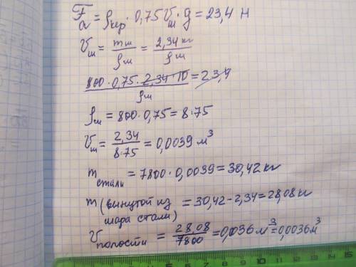 Стальной шар с воздушной полостью внутри весит в воздухе 23,4 Н. При погружении в керосин плавает, п