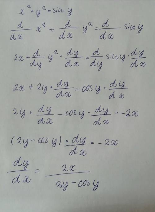 Найти y' и y'': x^2+y^2=siny