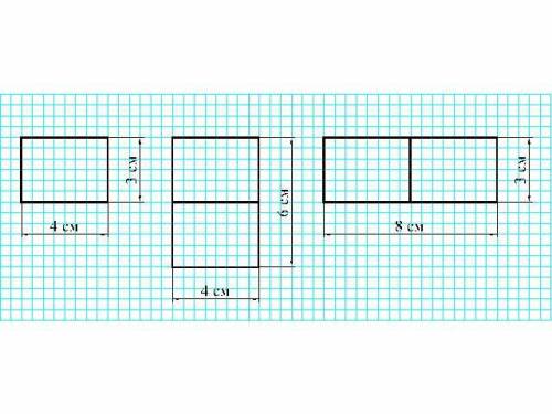 Вырежь из бумаги 2 прямоугольника со сторонами 4 см и 3 см. Составь из них один прямоугольник. Каков