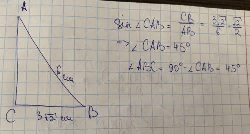 Знайдіть кути прямокутного трикутника, якщо катет і гіпотенуза дорівнють 3√2см і 6 см. Быстрее
