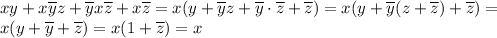 xy+x\overline yz+\overline yx\overline z+x\overline z=x(y+\overline yz+\overline y\cdot\overline z+\overline z)=x(y+\overline y(z+\overline z)+\overline z)=\\ x(y+\overline y+\overline z)=x(1+\overline z)=x