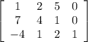 \left[\begin{array}{cccc}1&2&5&0\\7&4&1&0\\-4&1&2&1\end{array}\right]