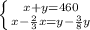 \left \{ {{x + y=460} \atop {x - \frac{2}{3}x = y - \frac{3}{8}y }} \right.