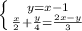 \left \{ {{y=x-1} \atop {\frac{x}{2}+\frac{y}{4}=\frac{2x-y}{3} }} \right.