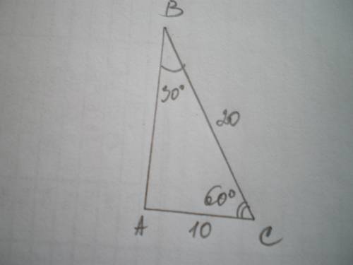 Катет и гипотенуза 20 см и 10см.Найдите угол лежащий против другого катета УМОЛЯЮ