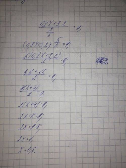 Решите уравнение: (0,8x + 3,2) : 2/5 = 9