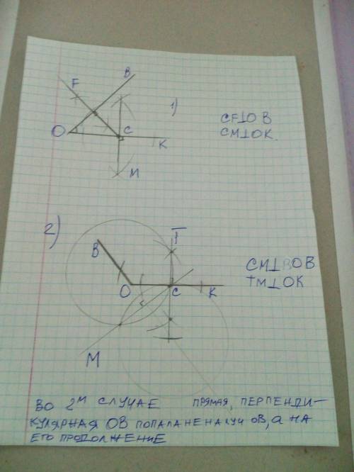 Накресліть кут ВОК. Позначте на промені ОК точку С і проведіть через неї прямі, перпендикулярні до п