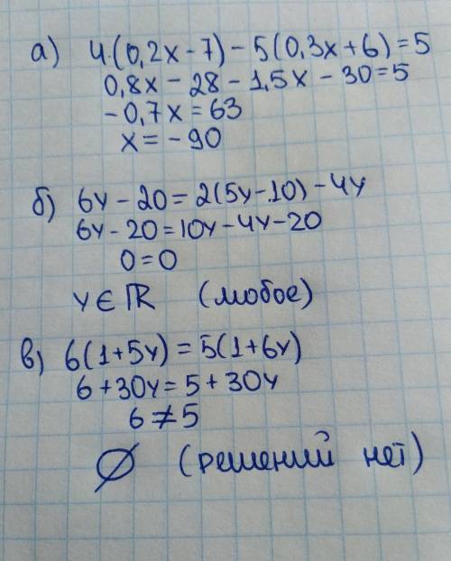 Решите уравнения: а) 4(0,2x – 7) – 5(0,3x + 6) = 5; б) 6y – 20 = 2(5y – 10) – 4y; в) 6(1 + 5y) = 5(1