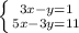 \left \{ {{3x-y=1} \atop {5x-3y=11}} \right.