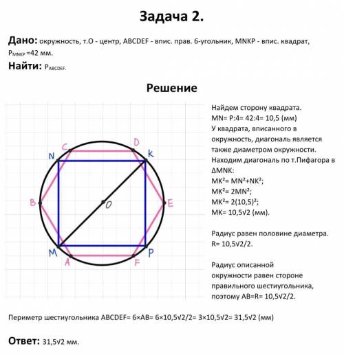 В окружность вписанны квадрат и правительный шестиугольник. Периметр квадрата равен 42 мм. Найдите п