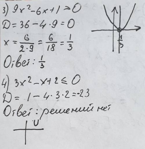 Решить графическим методом 1) -х² - 2х + 3 > 0 2) х² ≤ 25 3) 9х² - 6х + 1 > 0 4) 3х² - х + 2 ≤