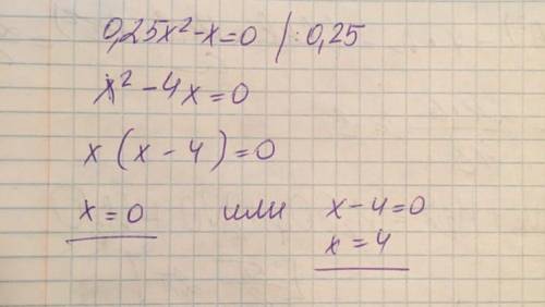 Решить уравнение:0.25х^2-х=0​