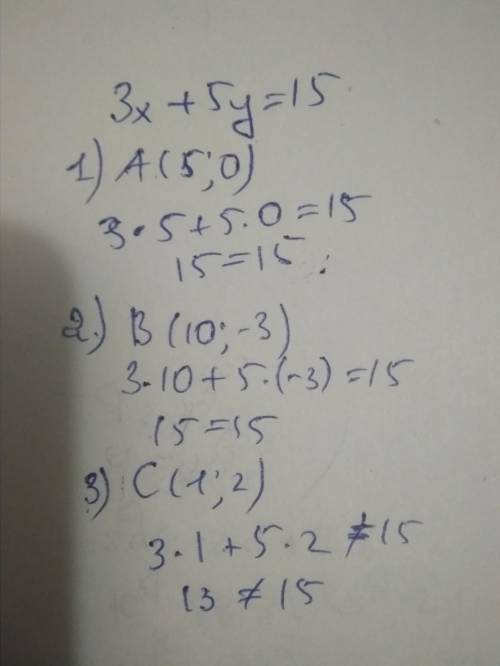 Чи належить графику ривняння 3x+5y＝15 точка розпишыте пример​