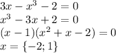 3x-x^3-2=0\\x^3-3x+2=0\\(x-1)(x^2+x-2)=0\\x= \left \{ -2;1 \right \}