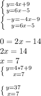 \left \{ {{y=4x+9} \atop {y=6x-5}} \right. \\\left \{ {-y=-4x-9} \atop {y=6x-5}} \right. \\\\0=2x-14\\2x=14\\x=7\\\left \{ {{y=4*7+9} \atop {x=7}} \right. \\\\\left \{ {{y=37} \atop {x=7}} \right.