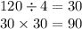 120 \div 4 = 30 \\ 30 \times 30 = 90