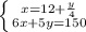 \left \{ {{x=12+\frac{y}{4} } \atop {6x+5y=150}} \right.