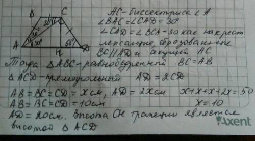 Периметр рівнобічної трапеції дорівнює 50 см, а гострий кут - 600. Знайти площу трапеції, якщо її ді