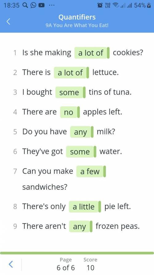 Выберите правильное местоимение. 1. I bought any/some tins of tuna. 2. There are no/any apples left.