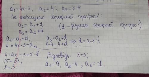 При яких значеннях х числа 4х-3, 4 і х-4 є трьома послідовними членами арифметичної прогрес
