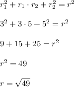 r_{1}^{2} + r_{1}\cdot r_{2} + r_{2}^{2} = r^{2} \\\\3^{2} + 3\cdot 5 + 5^{2} = r^{2} \\\\9 + 15 + 25 = r^{2} \\\\r^{2} = 49\\\\r = \sqrt{49}