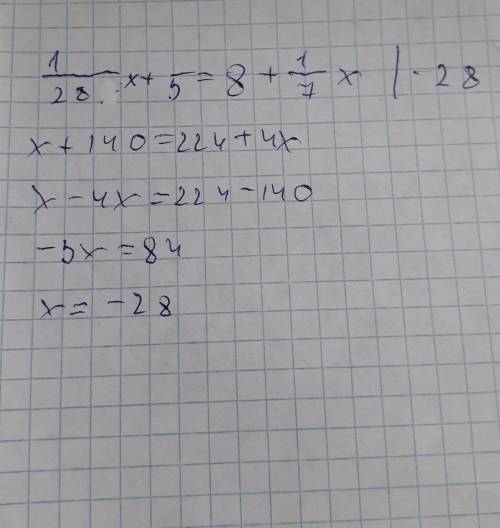 Решите уравнение1/28x+5=8+1/7x​