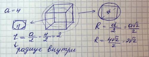 Сторона куба равна 4. Найти радиус шара внутри и снаружи куба.​