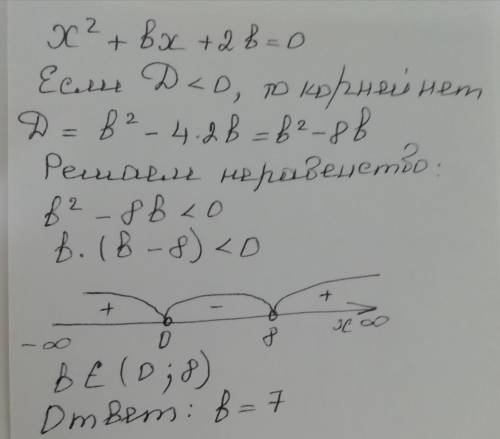 Знайдіть, при яких значеннях b рівняння x2 +bx + 2b = 0 не має дійсних коренів?У відповідь запишіть