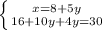 \left \{ {{x=8+5y} \atop {16+10y+4y=30}} \right.