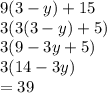 9(3-y)+15\\3(3(3-y)+5)\\3(9-3y+5)\\3(14-3y)\\=39