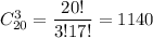 C^3_{20}=\dfrac{20!}{3!17!}=1140